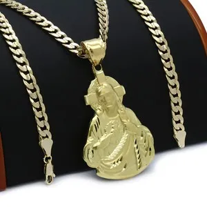 Authentic Mens 18k Gold Plated JESUS Hip-Hop Pendant 6mm Cuban Chain Necklace (K-1)