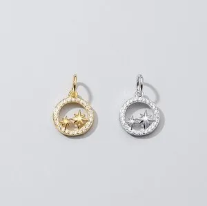 Authentic 1Piece Sterling Silver 18K Gold Plated Vermeil Starburst Round Charm, CZ YQ09