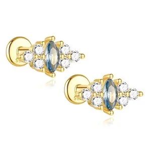 Authentic Blue Marquise CZ Flat Back Earrings for Cartilage or Lobe 16g Gold Plated Ste...