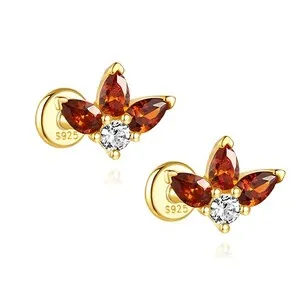 Authentic Pear Burnt Orange CZ Flat Back Earrings for Cartilage or Lobe Gold Plated Ste...