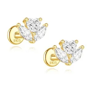 Authentic Flower CZ Flat Back Earrings for Cartilage Helix Tragus Lobe 16g Gold Plated ...
