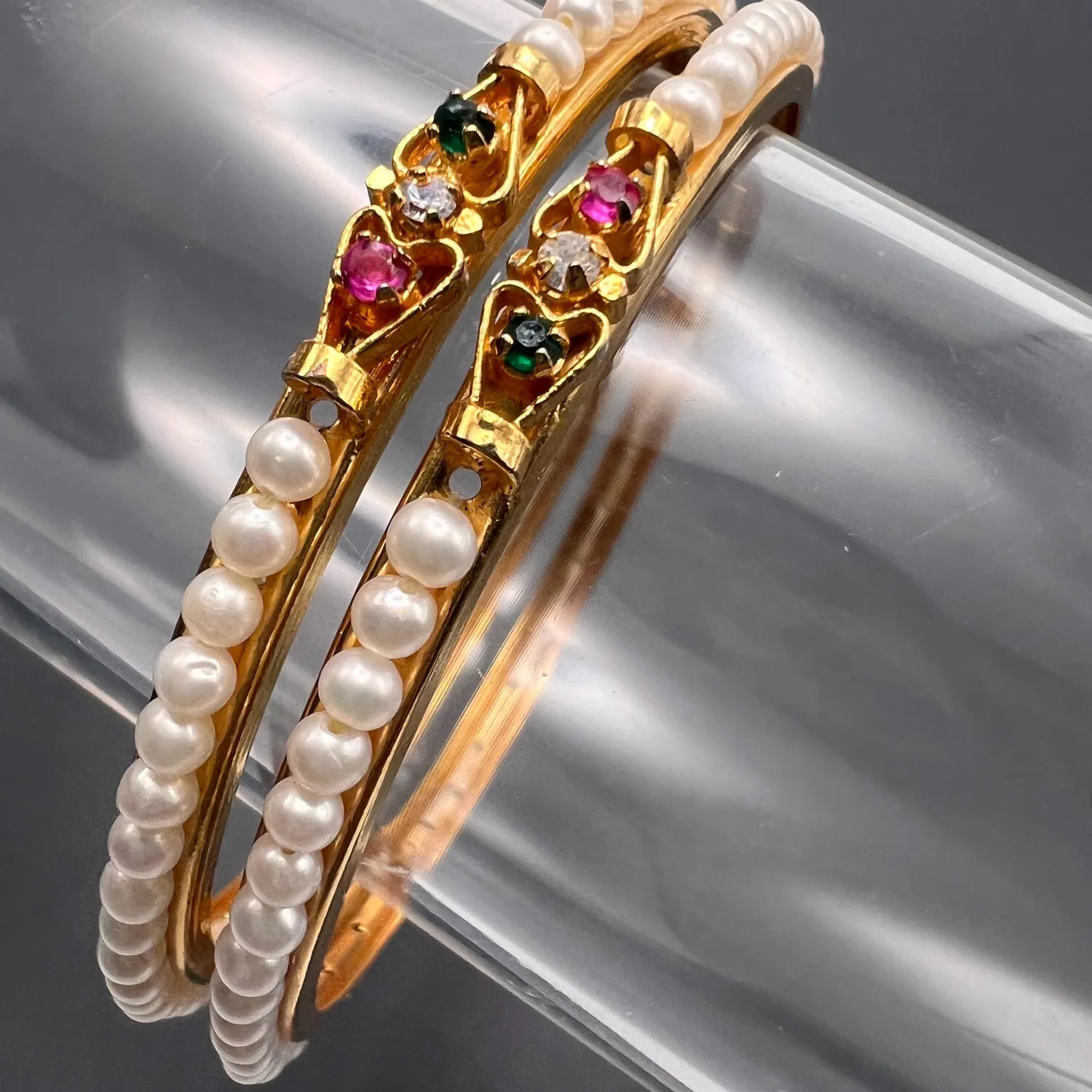 Authentic Vintage Heavily Gold Plated Cultured Pearl Stone Bangle lot of 2 Mughal India