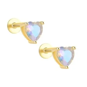 Authentic Heart CZ Flat Back Earrings for Cartilage Helix Tragus Lobe 16g Gold Plated S...