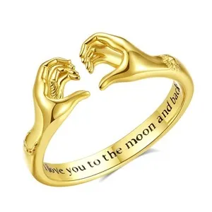 Authentic Heart Hug Rings for Men 18K Gold-Plated Sterling Silver, Adjustable Hugging H...