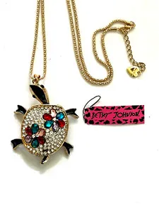 Authentic BETSEY JOHNSON COLOR CRYSTAL TORTOISE MOVING PARTS GOLD PLATED PENDANT NECKLACE