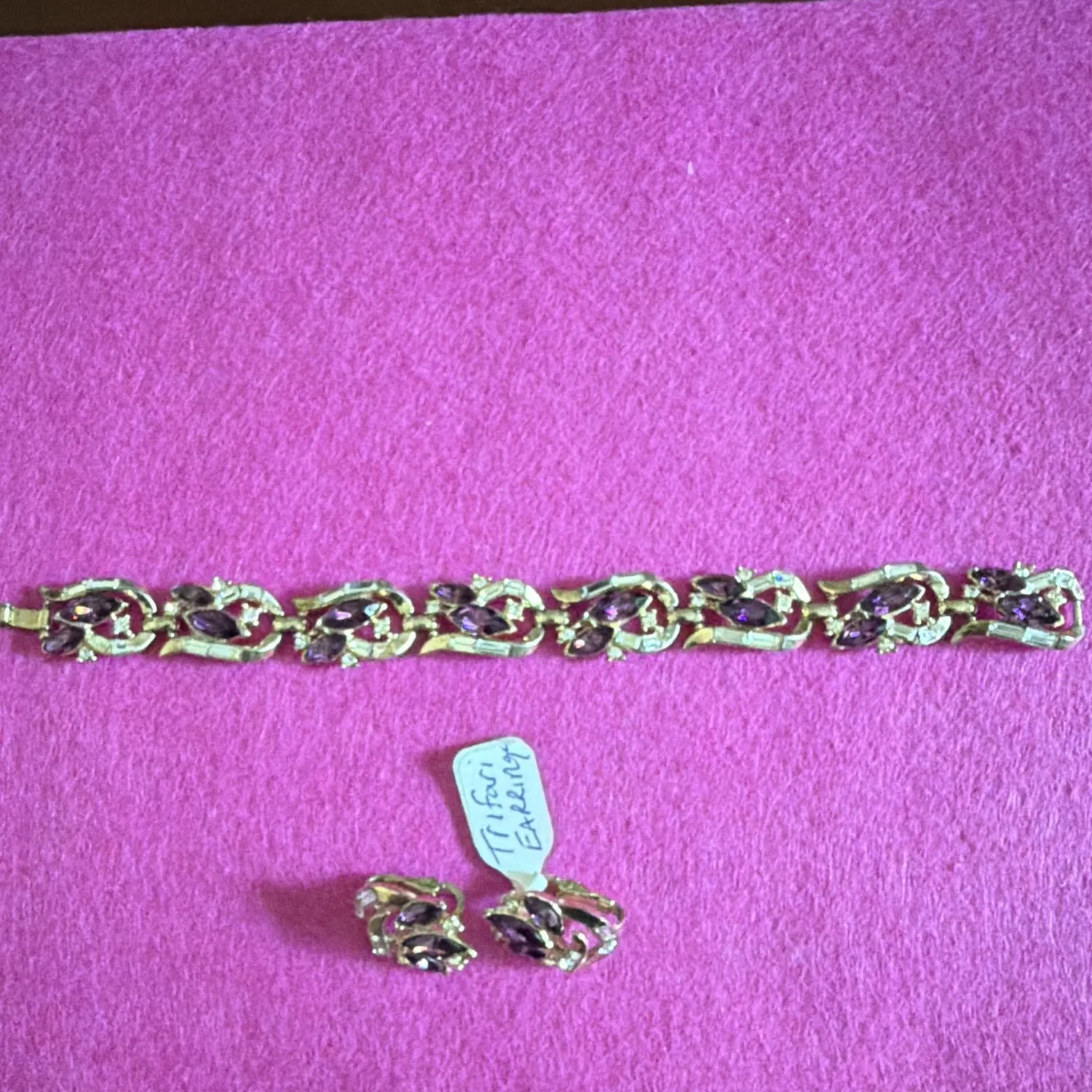 Authentic Trifari Signed Gold Plated Purple Marquise Rhinestone Bracelet & Earrings Set