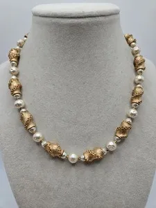 Authentic VINTAGE Signed Crown Trifari Gold Plated Faux Pearl Necklace Shepherd's Hook 50s