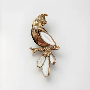 Authentic Trifari Petalette Bird Parrot White Blue Eyes Glass Gold Plated Philippe Brooch