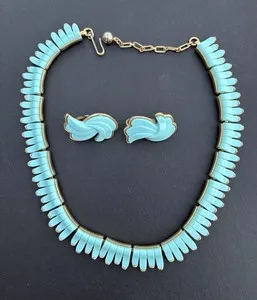 Authentic Crown Trifari Faux Blue Turquoise Necklace & Clip Earrings Lucite Gold Plated