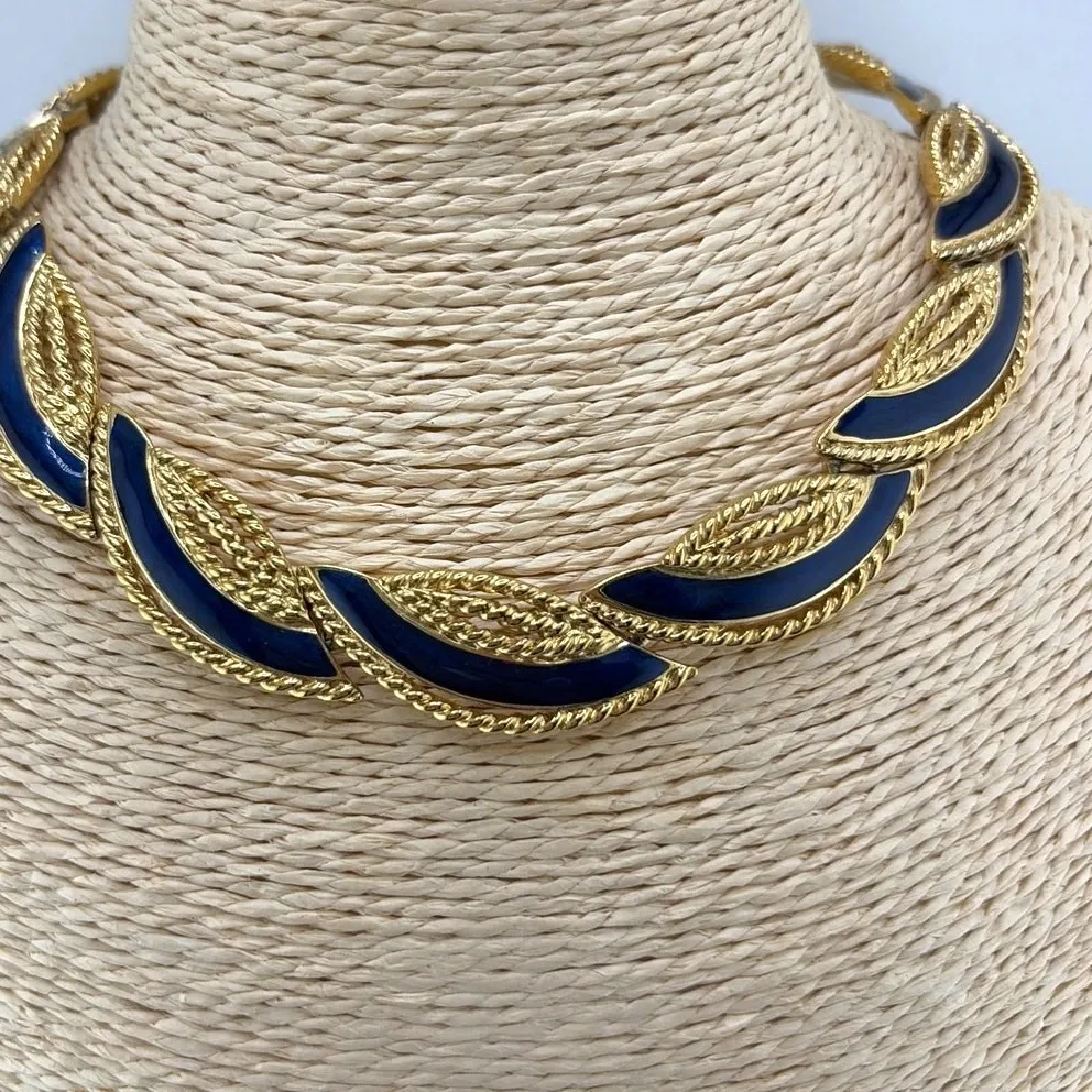 Authentic Vintage 1990s Trifari Textured Gold Plated Blue Enamel Necklace