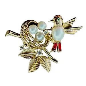 Authentic Trifari Crown Vintage Gold Plated Green Eye Bird Nest Pearl & Red Gem Brooch Pin