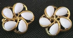 Authentic Vintage Trifari Gold Plated White Cabochon Floral Milk Glass Earrings