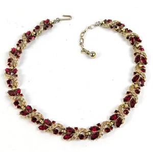 Authentic Fabulous Vintage Trifari Gold Plated Ruby Red Rhinestone Necklace 15" -17"