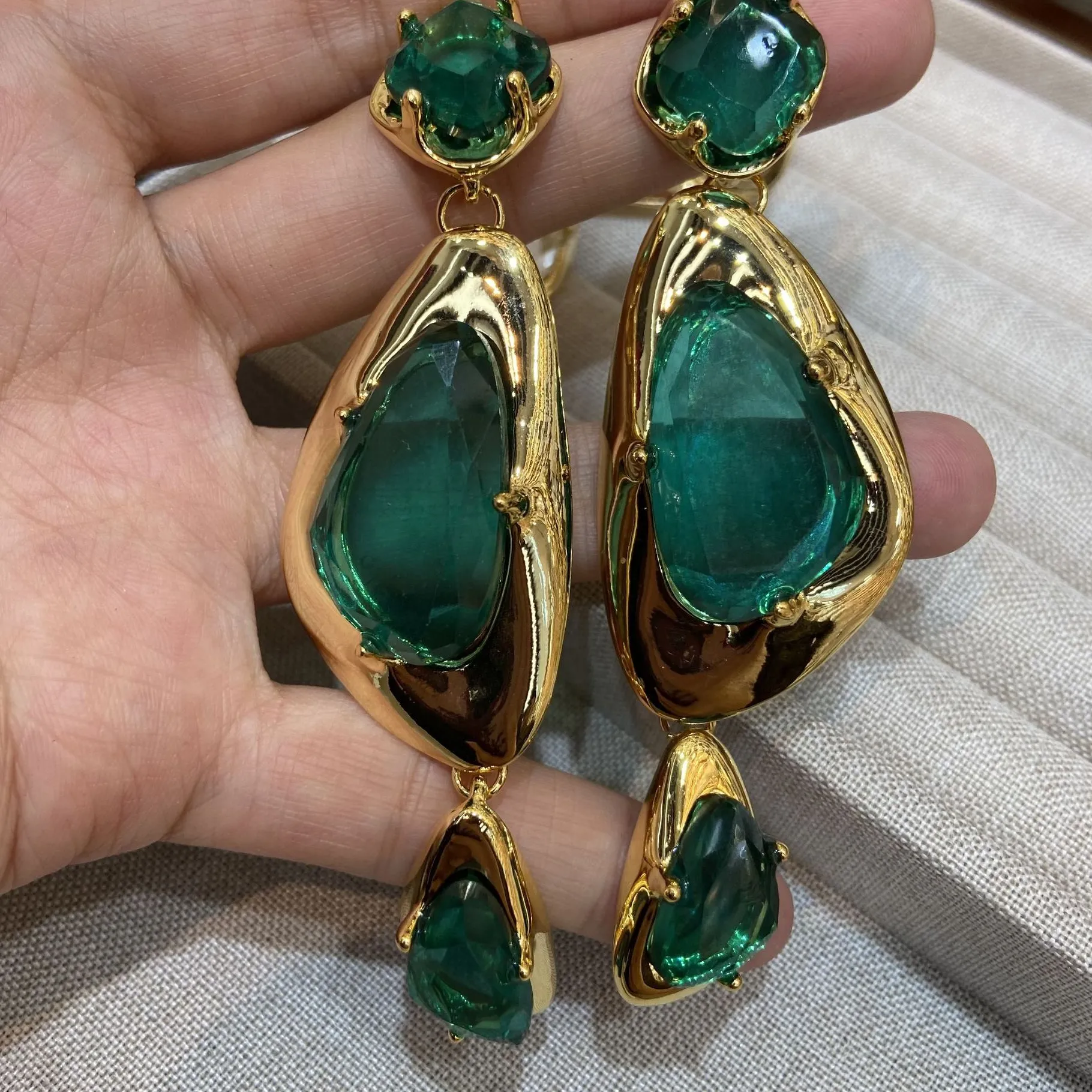 Authentic Earrings Long Pendant Triangle Irregular Gold Color Green Fushia Purple Large Crystal Jewelry