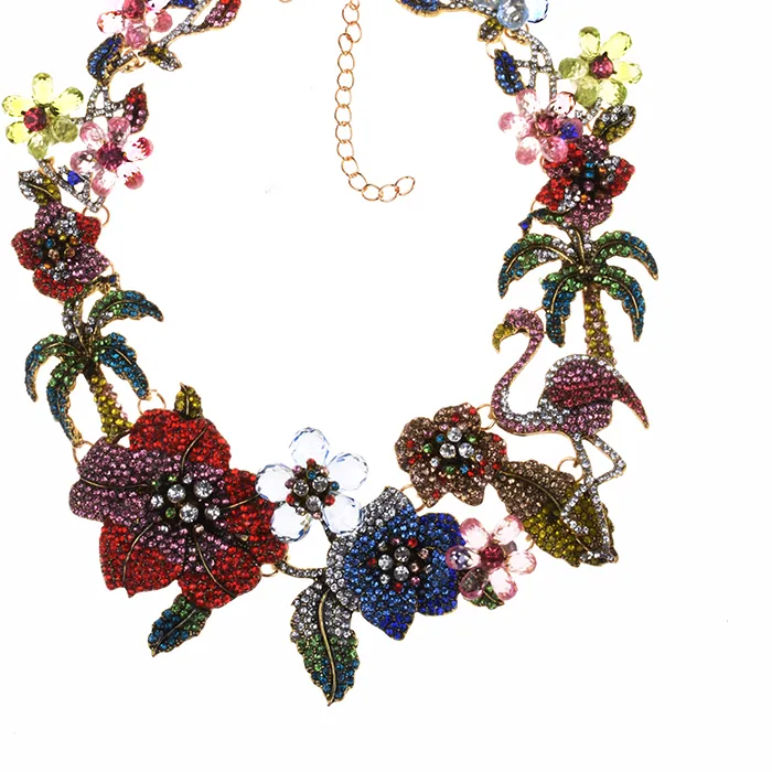 Authentic Fashion Colorful Crystal Rhinestone Flamingo Choker Necklace Women Indian Ethnic Statement Large Collar Big Bib Necklace Jewelry