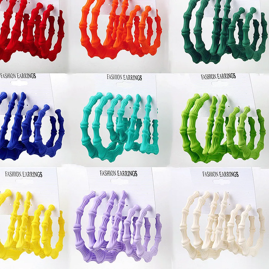 Authentic 3Pairs Matte Colorful Acrylic Large Bamboo Geometric Hoops Punk Triangle Trapezoid Circle Huggies Earrings for Women Jewelry Set