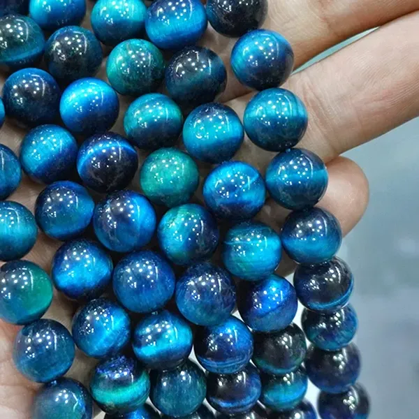 Authentic Natural Stone Peacock Blue Tiger Eye Stone Loose Round Beads DIY Bracelet Necklace for Jewelry Making 15" Strand 6 8 10 12MM