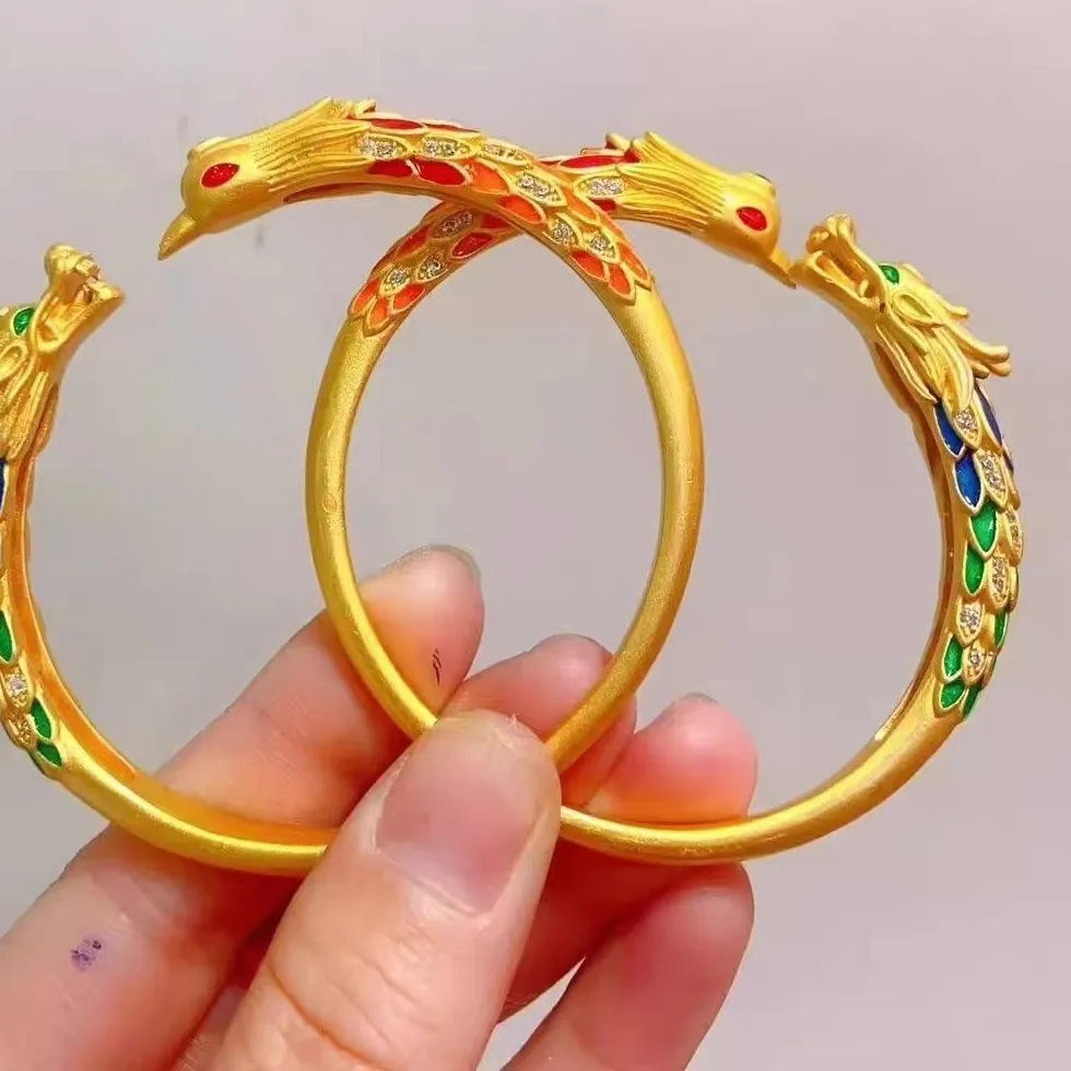 Authentic Vintage Palace Adjustable Bangles Ladies Enamel Dragon Phoenix Auspicious Cuff Bracelet Wedding Festival Party Jewelry