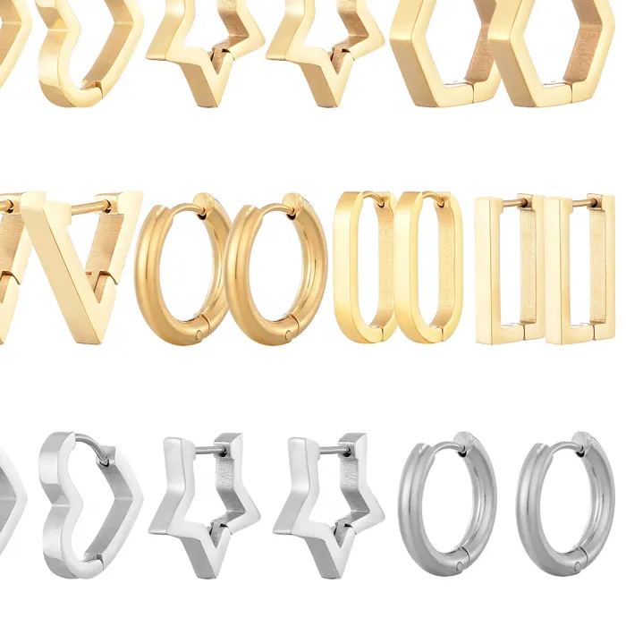 Authentic Classic Stainless Steel Hoop Earrings For Women Men Heart Star Oval Rectangle Round Triangle Gold Color Punk Hip Hop Jewelry