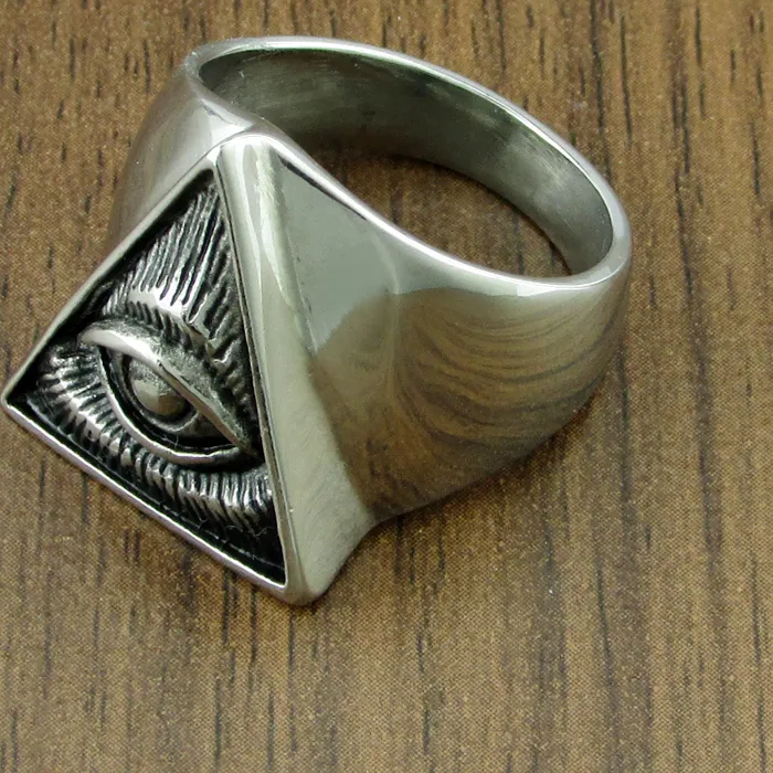 Authentic Punk Men's 316L Illuminati Pyramid Eye Symbol Biker Ring Silver Color Freemason Triangle Masonic Rings Jewelry