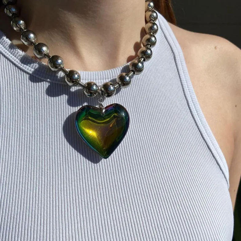 Authentic Grunge Fashion Glass Heart Pendant Necklace Y2K Oversize Ball Beads Chain Statement Choker Necklace for Women Club Punk Jewelry