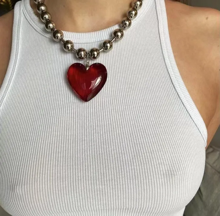 Authentic New Hip Hop Minimalist Glass Love Big Heart Pendant Necklaces for Women Hyperbole Beads Chains Short Choker Girls Party Jewelry