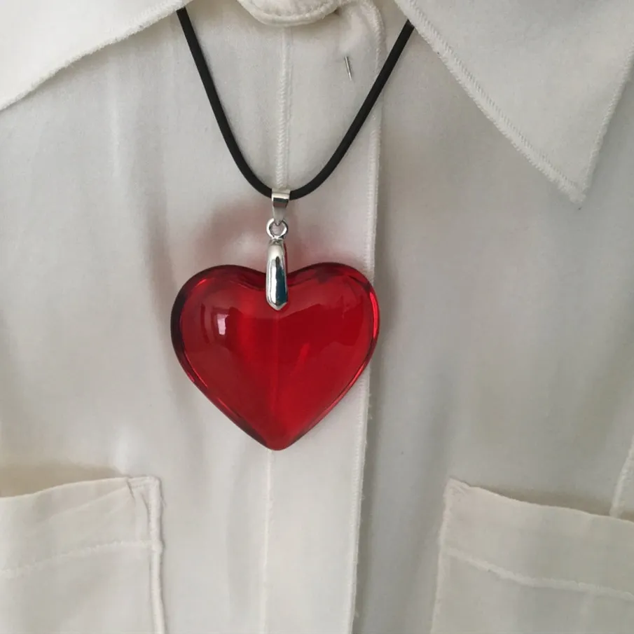 Authentic 42MM Glass Puffy Heart with Black Leather Cord Necklace Red Aura Rainbow Large Heart Statement Necklace for Women Grunge Jewelry