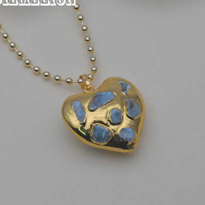 Authentic 1Pc Big Size Natural Blue Larimar Heart Shaped Pendant Necklace for Women 18K Gold Plated Stone Charms
