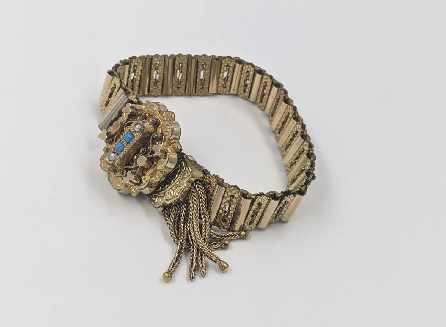 Authentic 14K Gold Plated Antique Victorian Slide Bracelet With Pearl and Turquoise