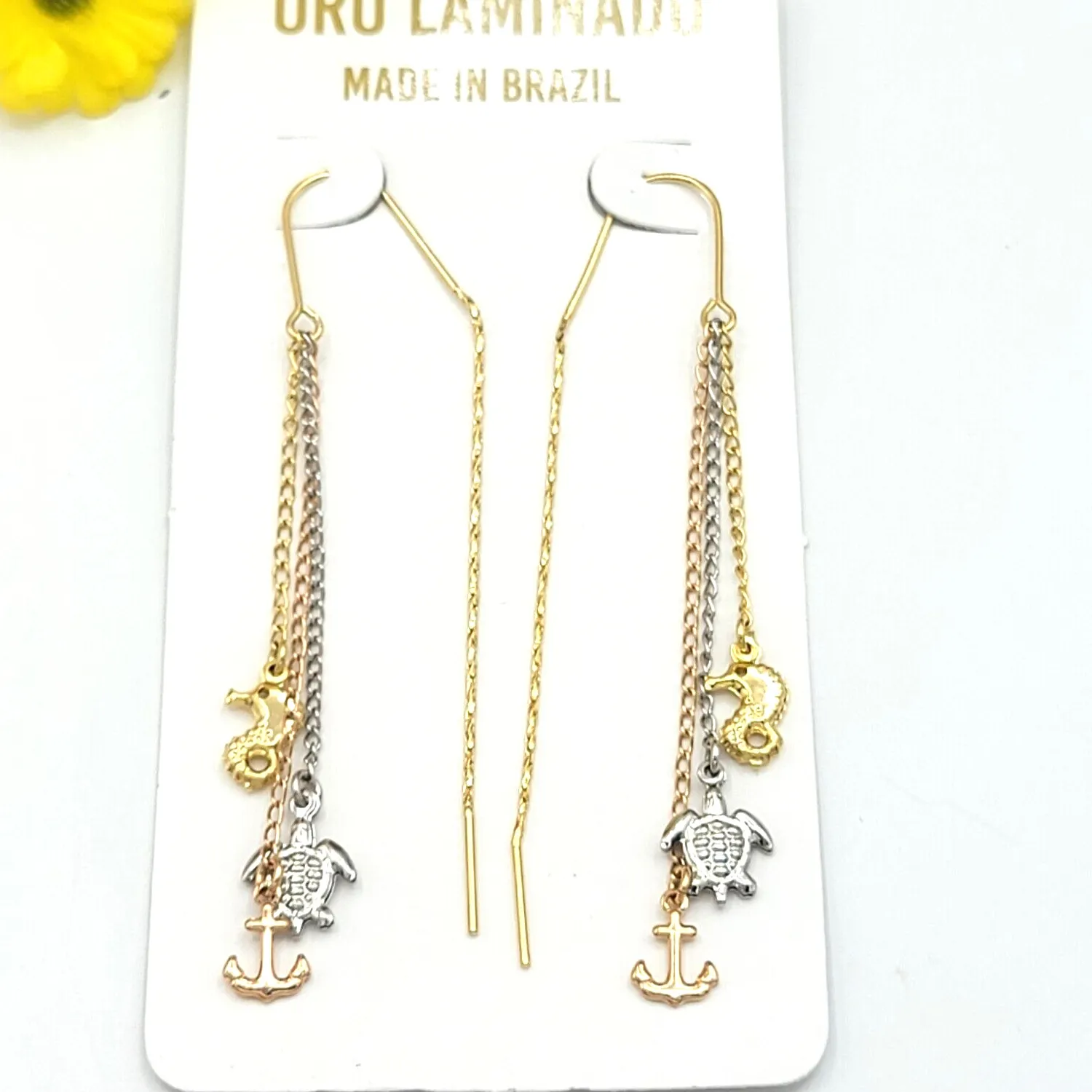 Authentic Tri Tone Gold Plated Turtle Anchor Seahorse Ocean Thread Slide Earrings.