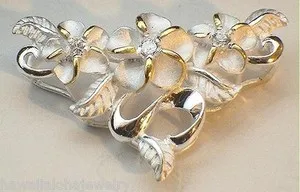 Authentic 31mm Graduated Yellow Gold Plated 925 Silver Hawaiian Plumeria CZ Slide Pendant