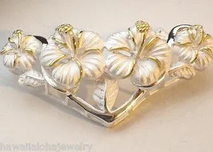 Authentic 44MM YELLOW GOLD PLATED 925 SILVER HAWAIIAN 4 GRAD HIBISCUS MAILE SLIDE PENDANT