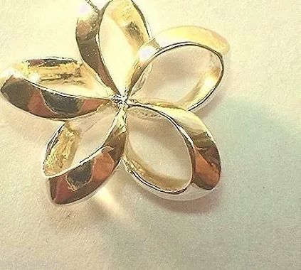 Authentic 19MM 2-TONE YELLOW GOLD PLATED 925 SILVER HAWAIIAN RIBBON PLUMERIA SLIDE PENDANT