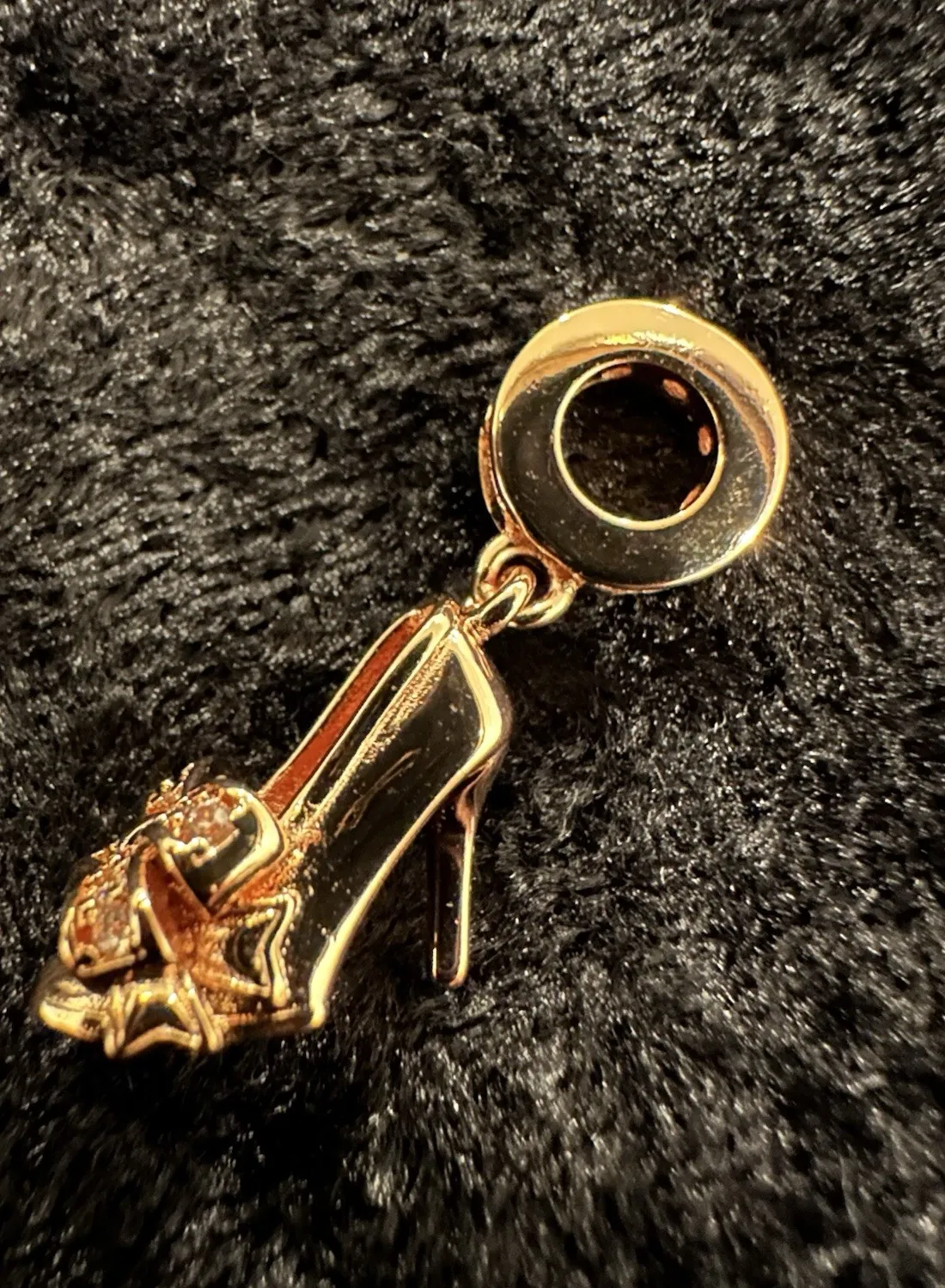 Authentic Rose Gold Plated Sterling Silver High Heel Shoe Slide Charm W/ Bead Set Crystals