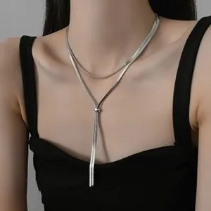 Authentic Women 18k Gold Plated Herringbone Chain Snake Necklace Tie Beaded Slide Tassel