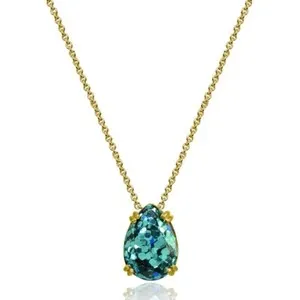 Authentic 14x10mm Teardrop Blue Glitter Gold Plated Sterling Silver Slide Pendant Necklace