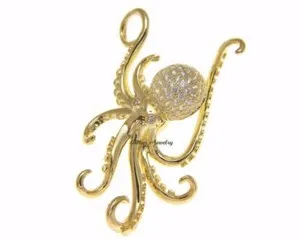 Authentic YELLOW GOLD PLATED 925 STERLING SILVER HAWAIIAN OCTOPUS SLIDE PENDANT CZ 29MM