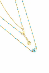 Authentic 18K Gold Plated 925 Sterling Silver Blue Enamel Turkish Evil Eye Necklace 18''
