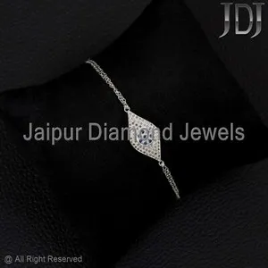 Authentic Natural Pave Diamond Blue Sapphire Gemstone 925 Silver Evil Eye Chain Bracelet