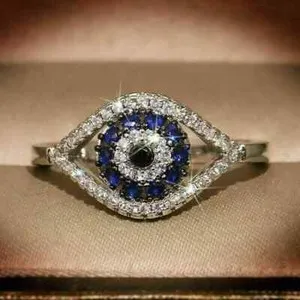 Authentic 3.00Ct Round Cut Lab Created Sapphire Blue Evil Eye Ring 14K White Gold Plated