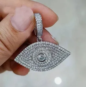 Authentic 2Ct Round Cut Real Moissanite Evil Eye Men's Charm Pendant 14K White Gold Plated