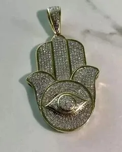 Authentic 3Ct Round Cut Real Moissanite Evil Eye Hamsa Hand Pendant 14k Yellow Gold Plated