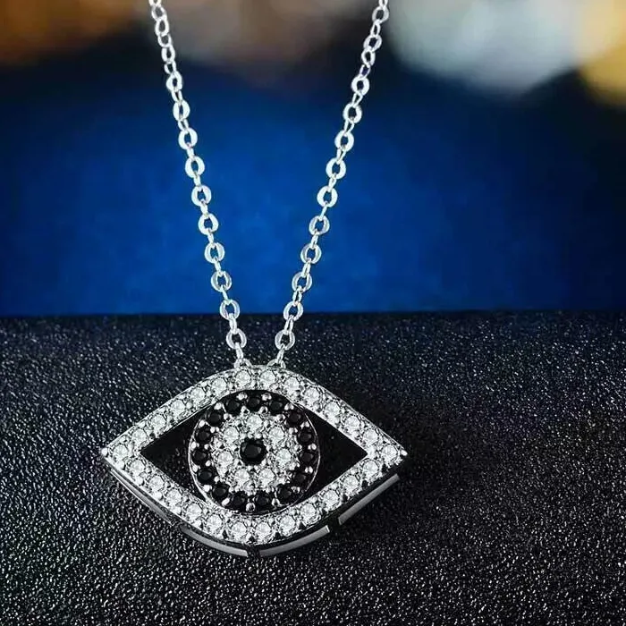 Authentic 1 Ct Round Moissanite Black Onyx Evil Eye Pendant Necklace 14K White Gold Plated