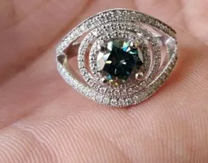 Authentic The Emerald Gaze: 2 Ct Genuine Green Moissanite Evil Eye Ring in 14k White Gold Plated Silver