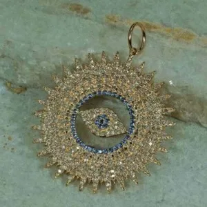 Authentic 3 Ct Simulated Diamonds & Blue Sapphire Evil Eye Pendant 14K Yellow Gold Plated