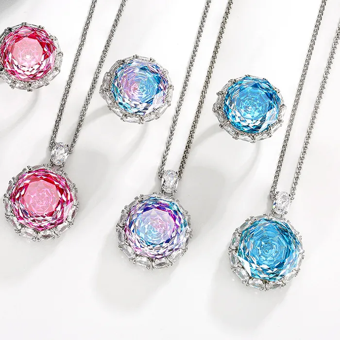 Authentic Rose Cut Stunning Pendant Necklace Finger Rings 16-18mm 5A Grade 3 Color Stone 55cm Neck Chain Ring Jewelry Accessories