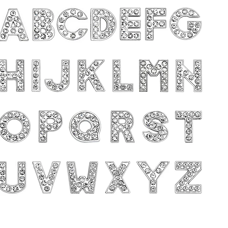 Authentic 80PCS/lot Internal Dia. Hole 8MM Full Rhinestones Slide Letter A - Z Alloy English Alphabet Fit For DIY Charm Wristband Bracelet