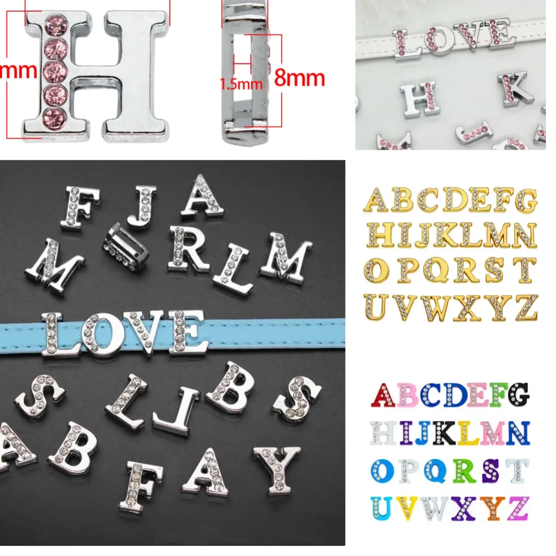 Authentic 50PC/lot Hole 8MM Slide Letter DIY Slide Charm Half Crystal Alphabet Fit For 8MM Keychains Wristband Jewelrys