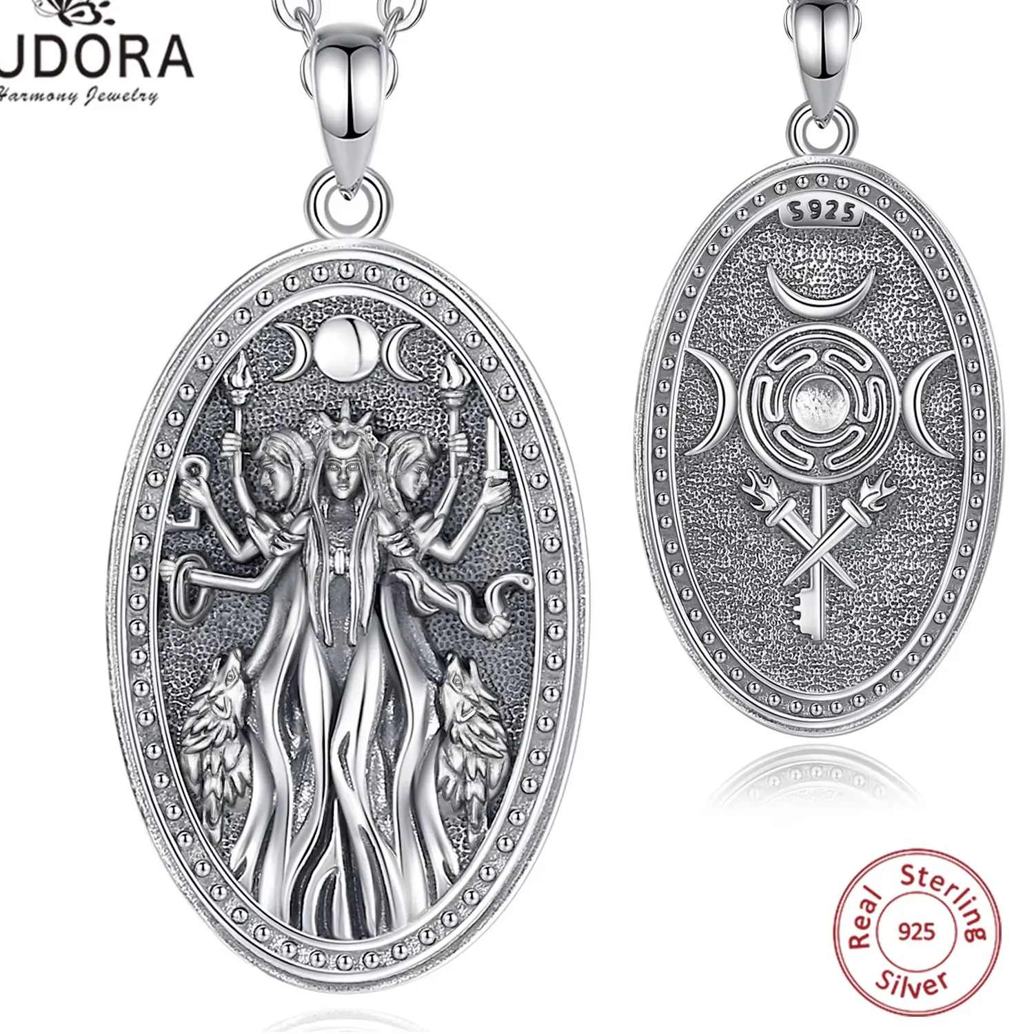Authentic Eudora 925 Sterling Silver Triple Moon Goddess Necklace Hecate Dog Amulet Pendant Triple Goddess Jewelry for Women Man