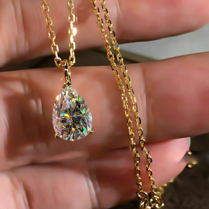 Authentic 14K Gold Water Drop Lab Diamond Chocker Necklace Pendants Necklace Bridal Promise Jewelry